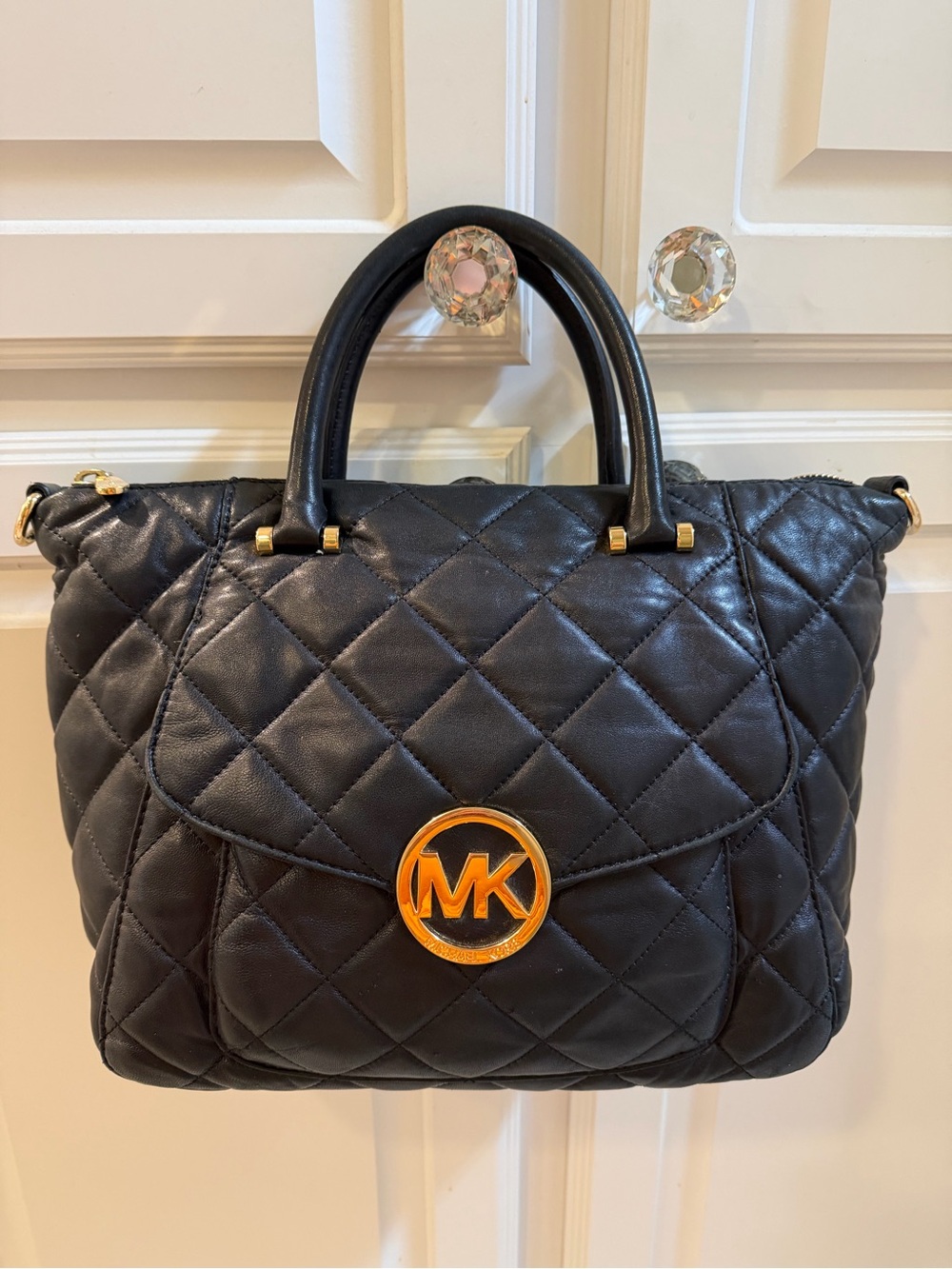 Michael Kors Fulton Black Quilted Leather Satchel with Gold MK Emblem